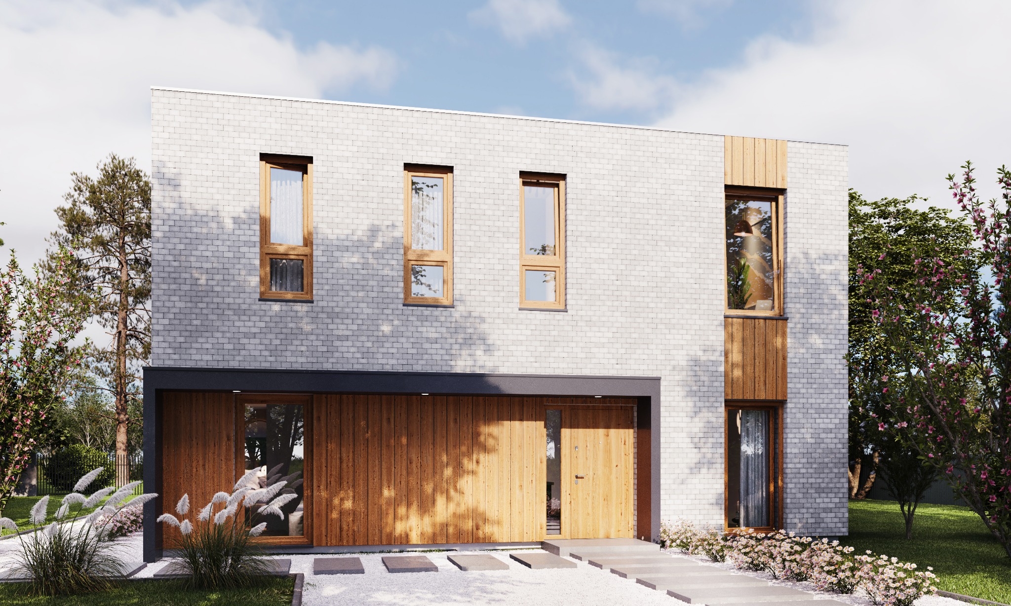Dwukondygnacyjny dom z białej cegły z elementami drewnianymi, widok z zewnątrz, otoczony zielenią i białym żwirem.