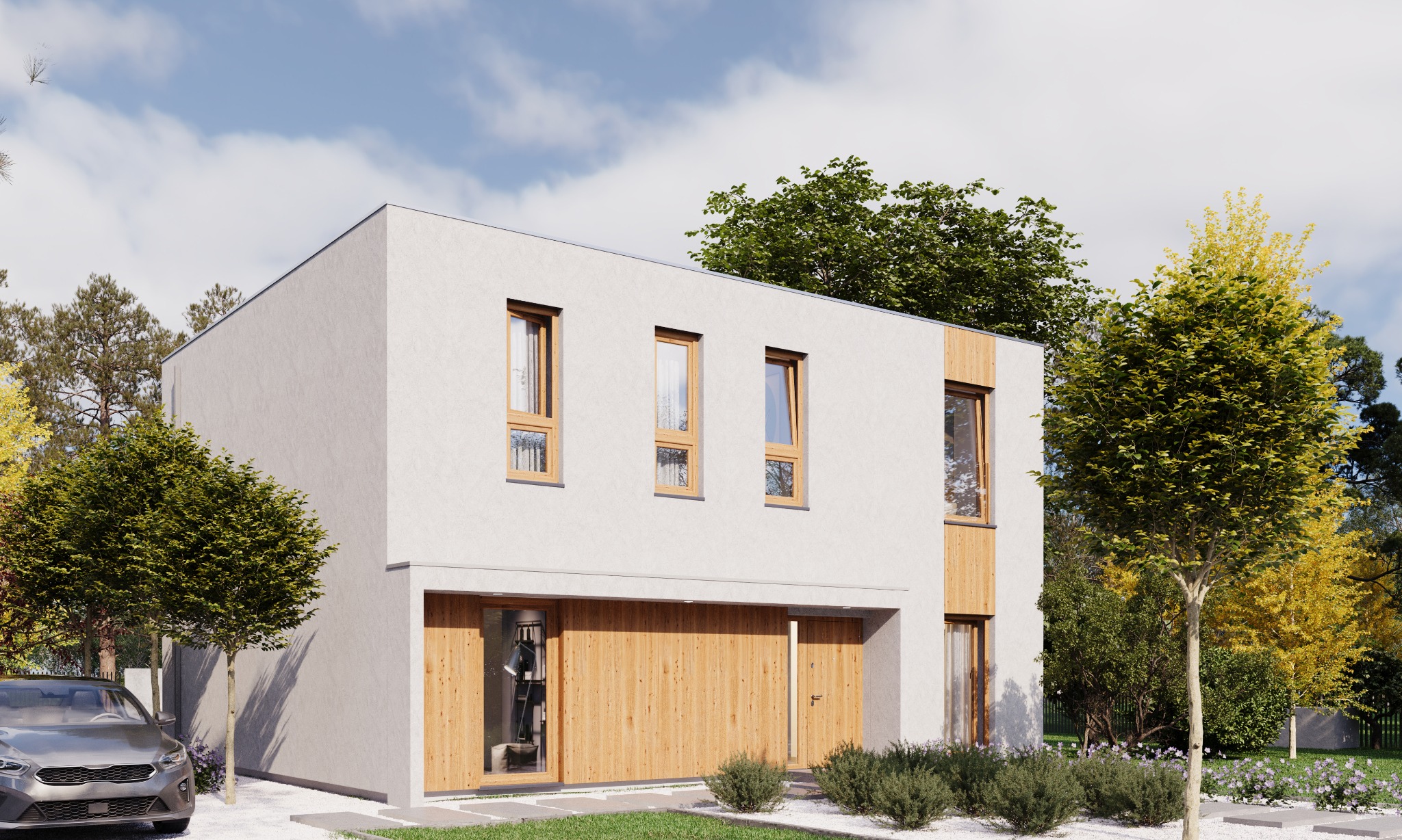 Nowoczesny, dwukondygnacyjny dom z płaskim dachem i drewnianą elewacją, otoczony zielenią i białym żwirem, z widocznym fragmentem szarego samochodu.