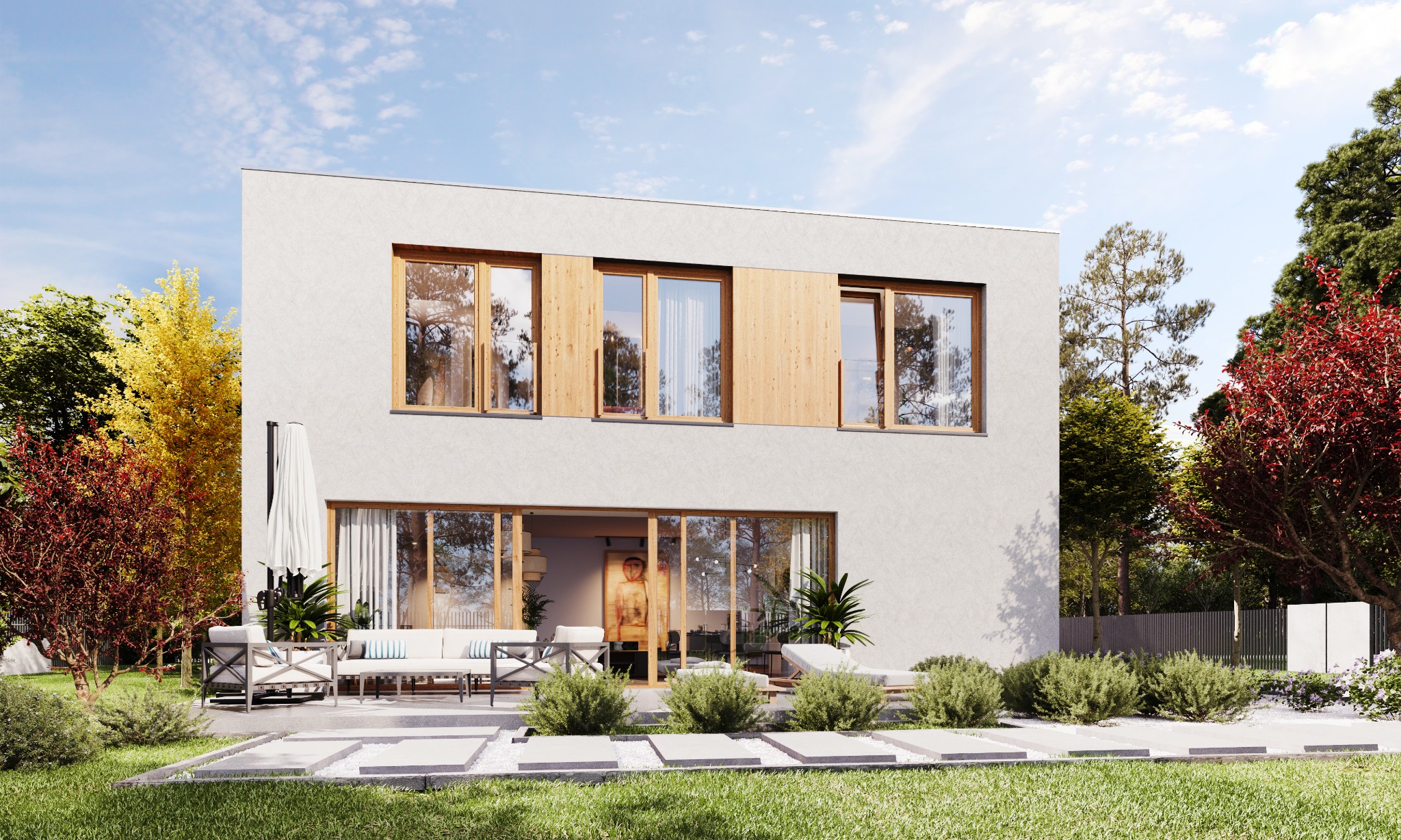 Dwukondygnacyjny dom o prostej architekturze z drewnianymi oknami, tarasem z białymi meblami wypoczynkowymi i starannie zagospodarowanym ogrodem.