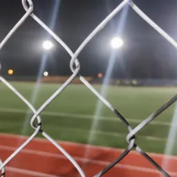 Oświetlony stadion sportowy widziany przez metalową siatkę ogrodzeniową w nocy.