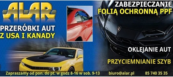 Baner reklamowy firmy Alar z ofertą: przeróbki aut z USA i Kanady, zabezpieczanie folią ochronną PPF, oklejanie aut, przyciemnianie szyb; prezentujący żółty samochód Camaro i zbliżenie...