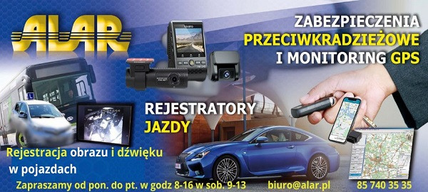 Reklama rejestratorów jazdy i zabezpieczeń przeciwkradzieżowych z monitoringiem GPS, prezentująca kamery samochodowe, smartfon z mapą oraz niebieski samochód.