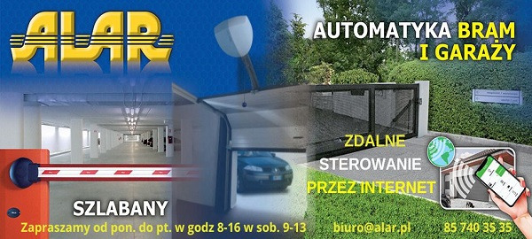 Kompozycja graficzna prezentująca szlaban na parkingu podziemnym, bramę wjazdową z automatyką oraz aplikację do zdalnego sterowania bramą przez internet, z logo firmy i danymi kontaktowymi.