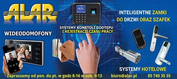 Reklama systemów kontroli dostępu, rejestracji czasu pracy, wideodomofonów i zamków do drzwi i szafek, z czytnikiem linii papilarnych, panelem wideodomofonu z rozmową wideo i zamkami hotelowymi...