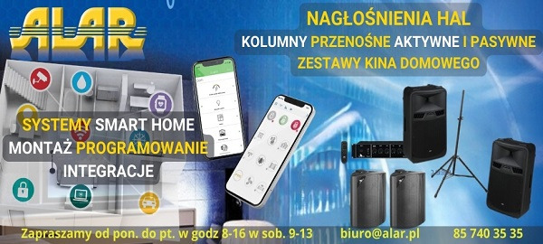Grafika reklamowa firmy ALAR prezentująca systemy inteligentnego domu, nagłośnienia hal, kolumny przenośne oraz zestawy kina domowego, z wizualizacją planu domu z ikonami urządzeń i interfejsami...
