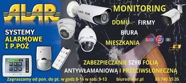 Kompozycja reklamowa: kamery, czujnik ruchu, panel sterowania systemem alarmowym, telefon z aplikacją, topór wbity w szybę z folią antywłamaniową, logo firmy, adres email i numer telefonu.
