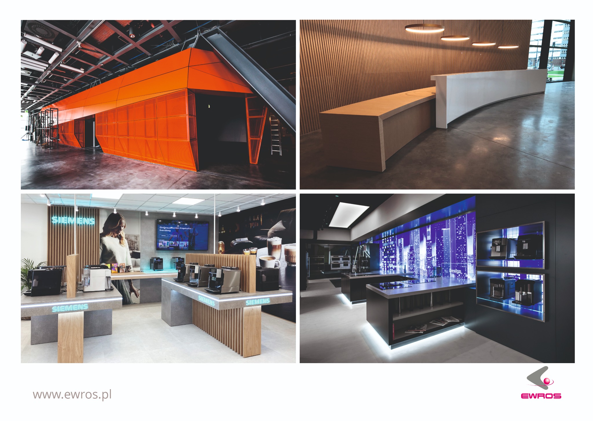 Kolaż czterech zdjęć przedstawiających wnętrza biurowe: pomarańczowa konstrukcja z metalowej siatki, recepcja z drewnianą okładziną, ekspozycja ekspresów do kawy Siemens z podświetleniem LED...