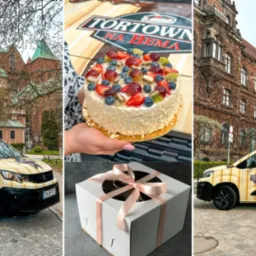 Kolaż trzech zdjęć: dostawczy samoch&oacute;d z logo firmy na tle kościoła, tort owocowy trzymany w dłoniach oraz białe pudełko na tort z r&oacute;żową wstążką, a także dostawczy samoch&oacute;d z logo firmy na tle...