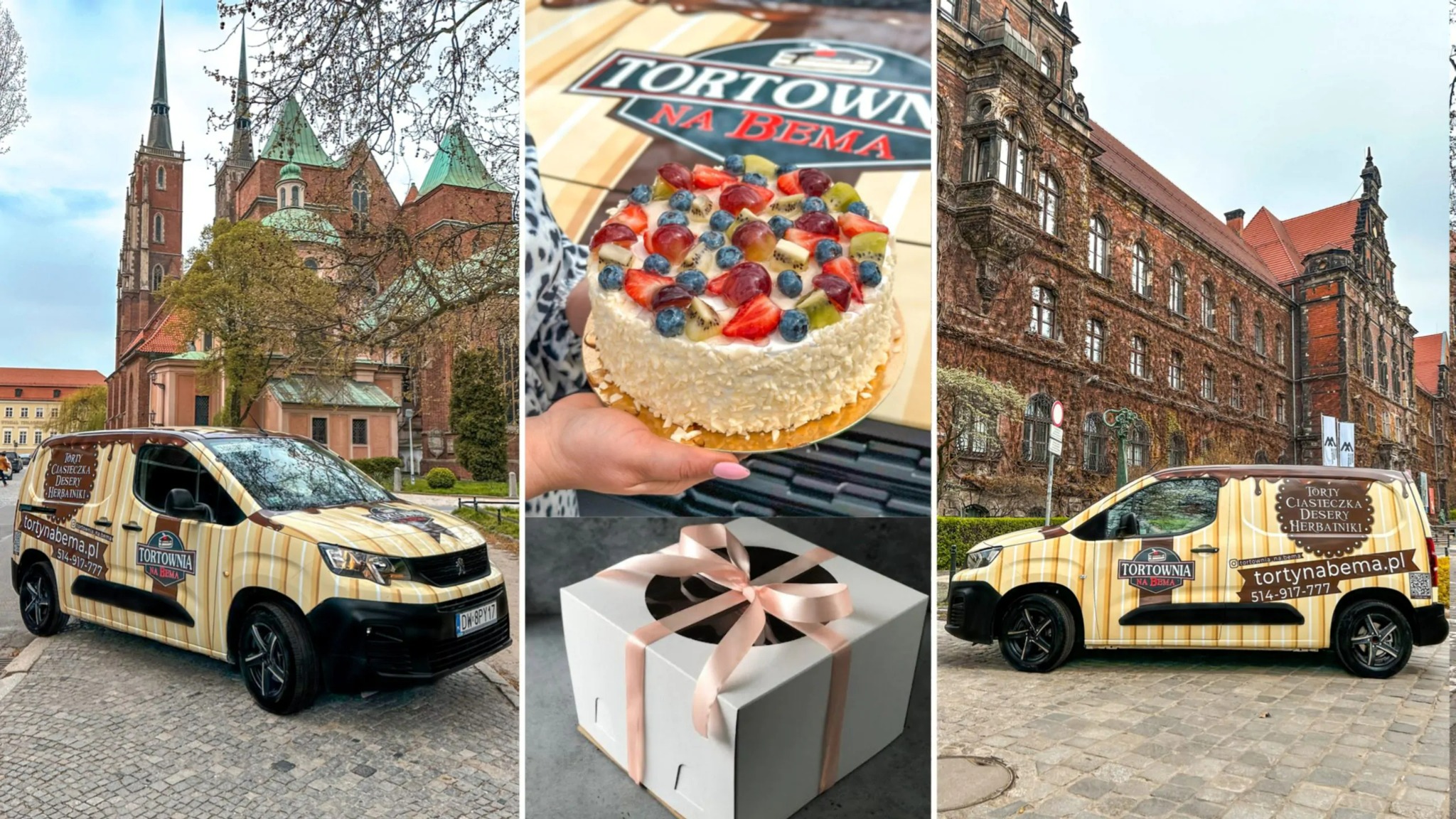Kolaż trzech zdjęć: dostawczy samochód z logo firmy na tle kościoła, tort owocowy trzymany w dłoniach oraz białe pudełko na tort z różową wstążką, a także dostawczy samochód z logo firmy na tle...