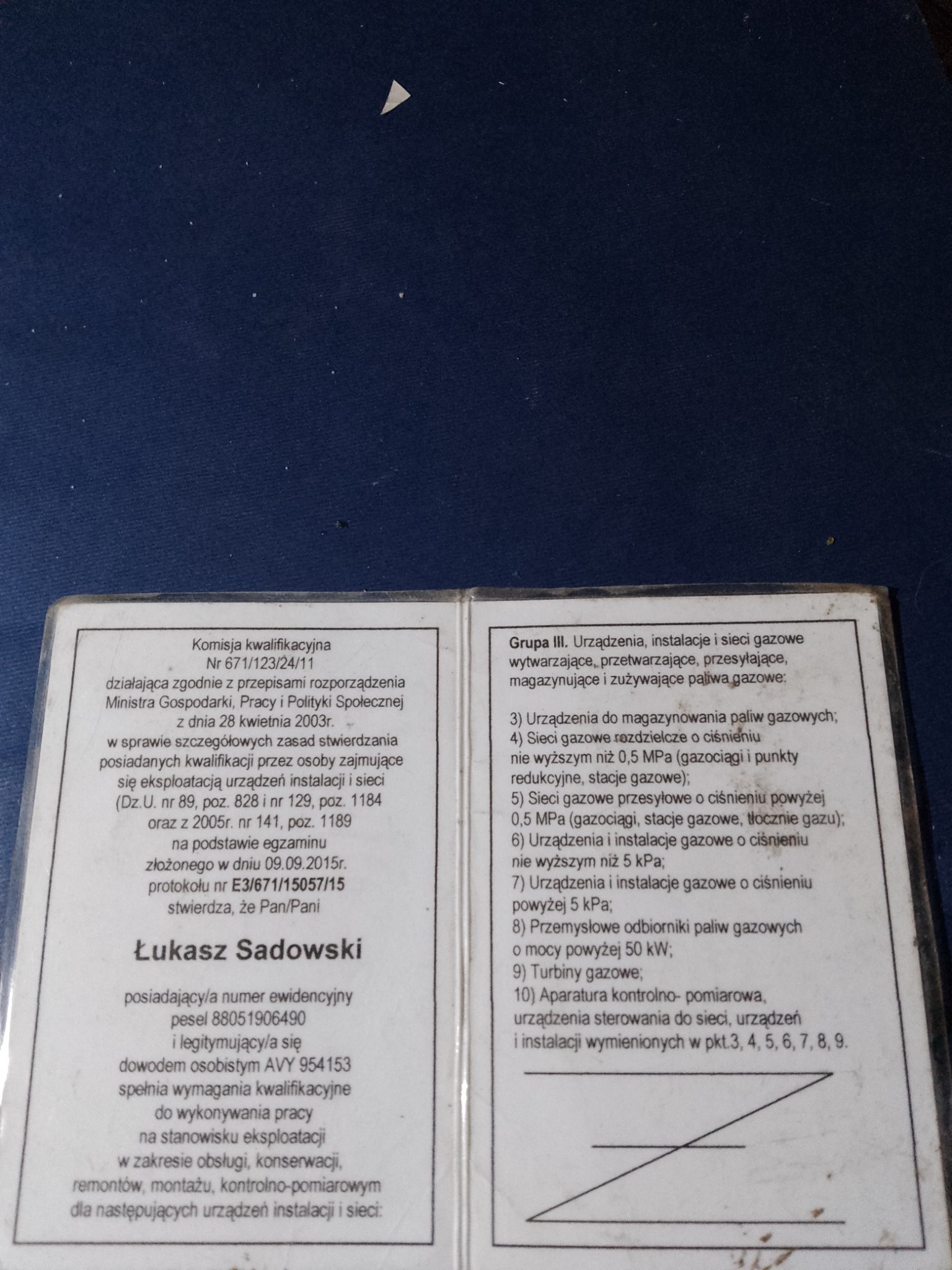 Skan dokumentu potwierdzającego kwalifikacje w zakresie obsługi, konserwacji, remontów i montażu urządzeń instalacji i sieci gazowych, w tym sieci gazowych o różnym ciśnieniu i turbin gazowych.