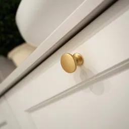 Szczegół białej szafki z frezowanymi frontami i okrągłym, złotym uchwytem; na blacie dekoracyjna roślina w doniczce.