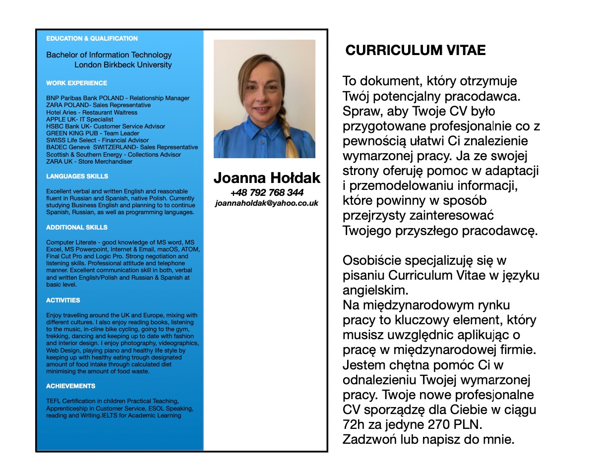 Profesjonalne CV z ofertą pomocy w jego przygotowaniu, z portretem i danymi kontaktowymi Joanny Hołdak.