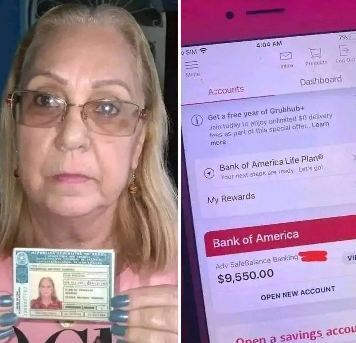 Kobieta z dowodem osobistym i ekranem telefonu pokazującym saldo konta w Bank of America na kwotę 9550 dolarów.