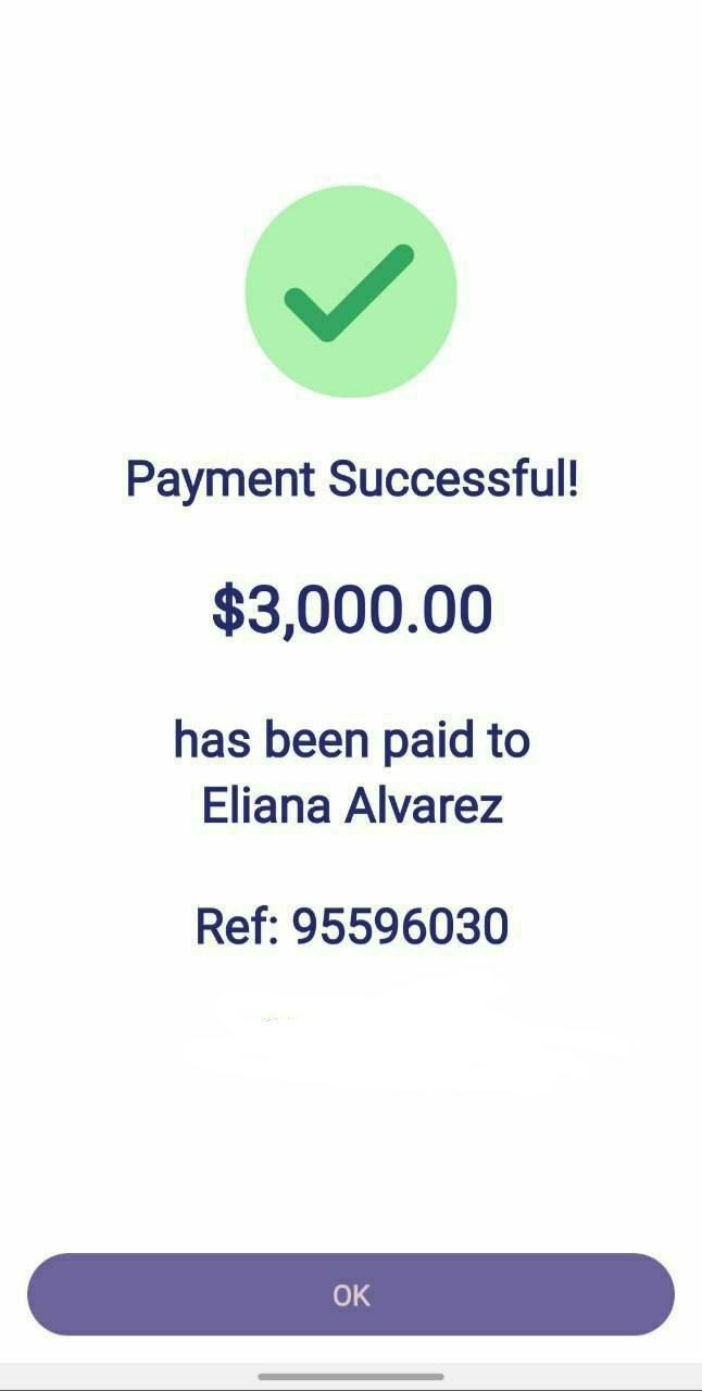 Ekran telefonu z potwierdzeniem pomyślnej płatności w wysokości 3000 dolarów na rzecz Eliany Alvarez, numer referencyjny 95596030 i zielony symbol akceptacji.