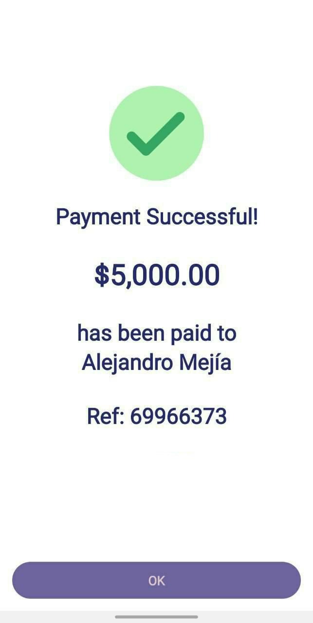 Potwierdzenie pomyślnej płatności w wysokości 5000.00 na urządzeniu mobilnym, z zielonym symbolem akceptacji i numerem referencyjnym, prawdopodobnie związane z usługami finansowymi świadczonymi...