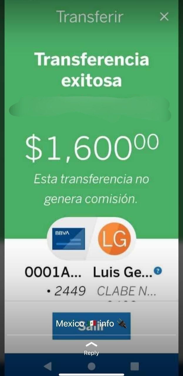 Zrzut ekranu potwierdzenia udanej transakcji bankowej na kwotę $1,600.00, z informacją o braku prowizji, z logotypami BBVA i LG oraz danymi odbiorcy.