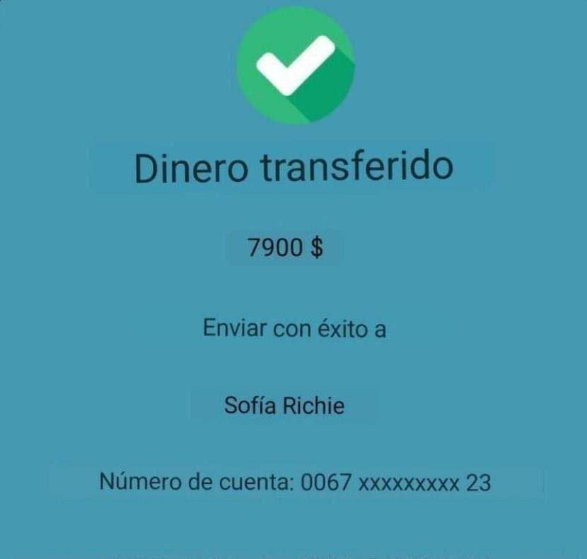 Ekran telefonu z potwierdzeniem pomyślnego przelewu środków w wysokości 7900 USD na konto Sofii Richie, numer konta 0067 xxxxxxxxx 23, z zielonym symbolem akceptacji w górnej części.