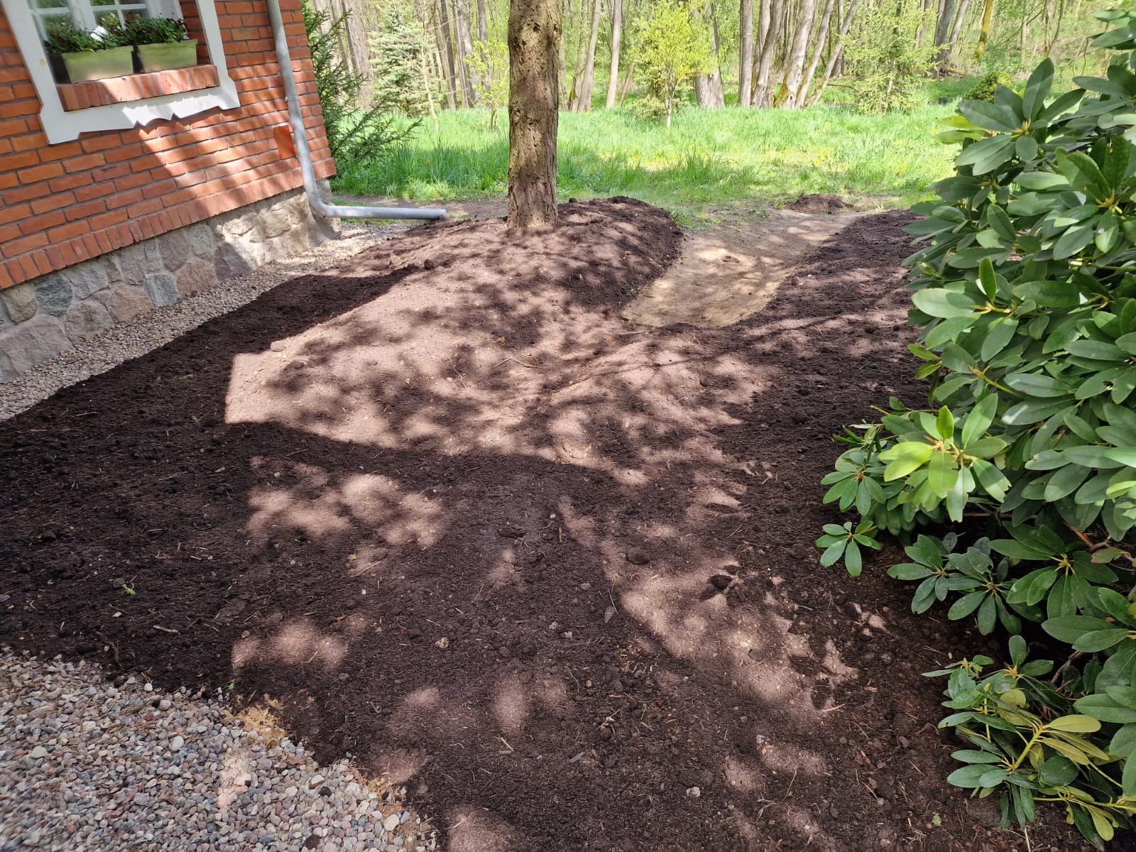 Przygotowana ziemia ogrodowa pod nasadzenia wzdłuż ściany domu z cegły i kamienia, widoczny fragment trawnika i drzewo w tle.