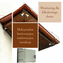 Kolaż zdjęć prezentujący instalację systemu kamer na zewnątrz domu: kamery pod okapem, widok z boku na kamerę na ścianie oraz szafka sterownicza zamykana na klucz.