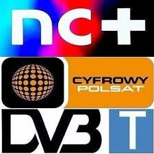 Zestawienie logo platform telewizyjnych: NC+, Cyfrowy Polsat, DVB-T, na tle gradientu kolorów i czerni.