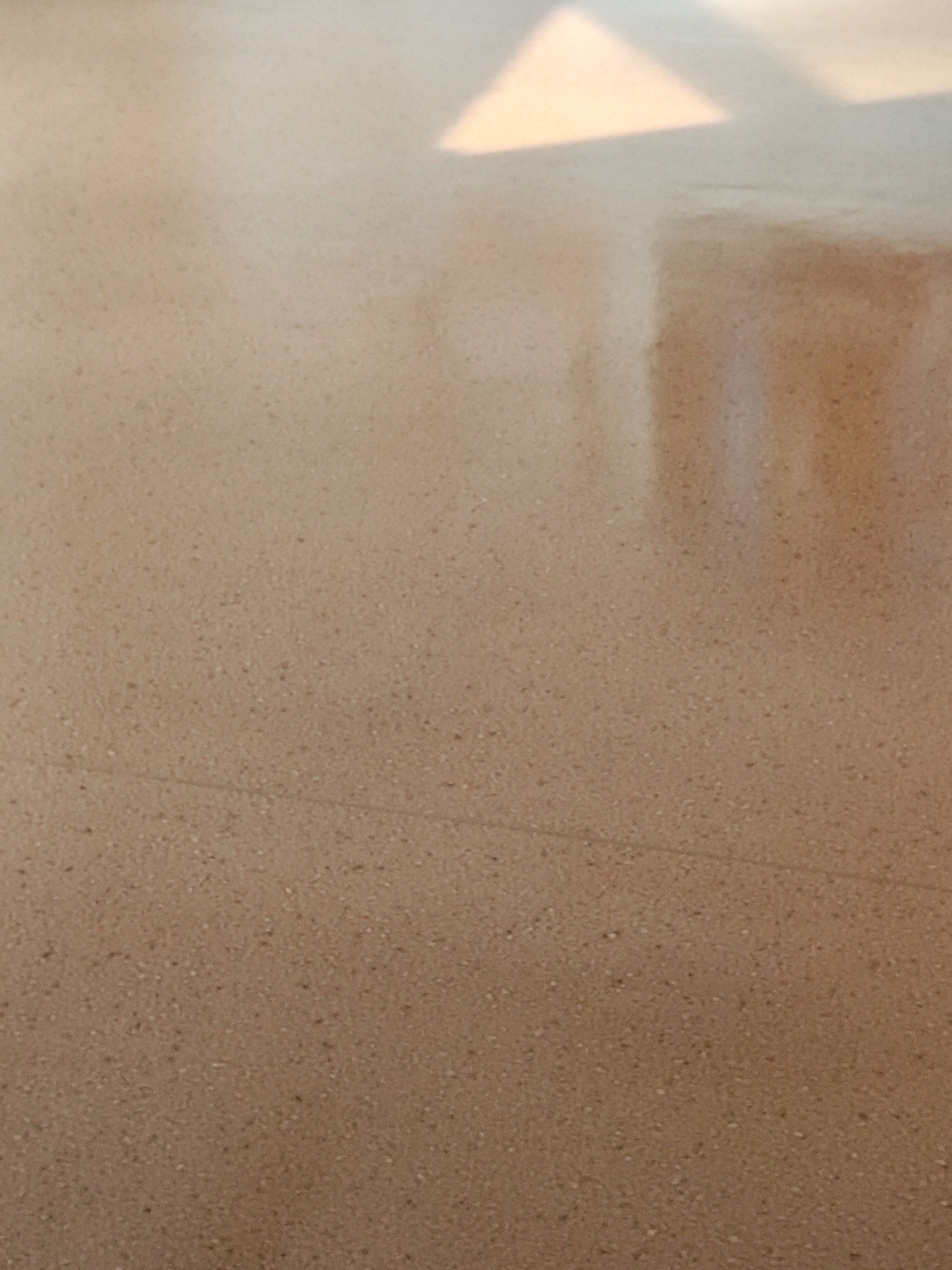 Polerowana, beżowa posadzka z drobnym ziarnem, widoczne odbicie światła słonecznego na powierzchni.