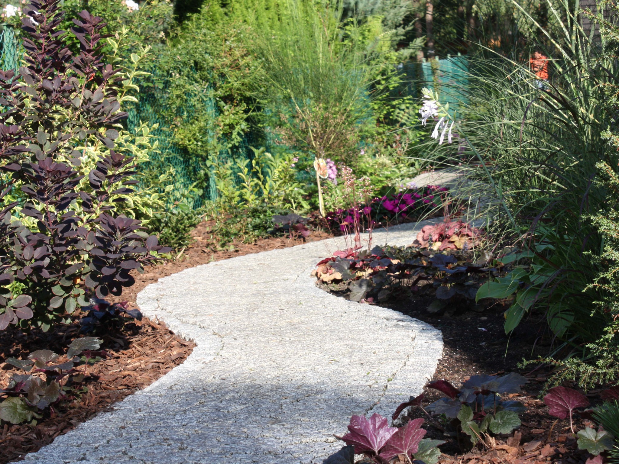Kręta ścieżka z jasnego kamienia prowadząca przez zadbany ogród z różnorodną roślinnością, w tym bordowymi krzewami, zielonymi trawami i kolorowymi kwiatami.