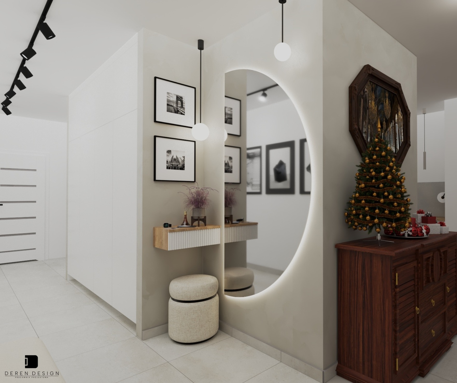 Nowoczesny przedpokój z okrągłym lustrem podświetlanym LED, drewnianą komodą z choinką i minimalistyczną konsolą z pufą. Czarno-białe zdjęcia na ścianie.