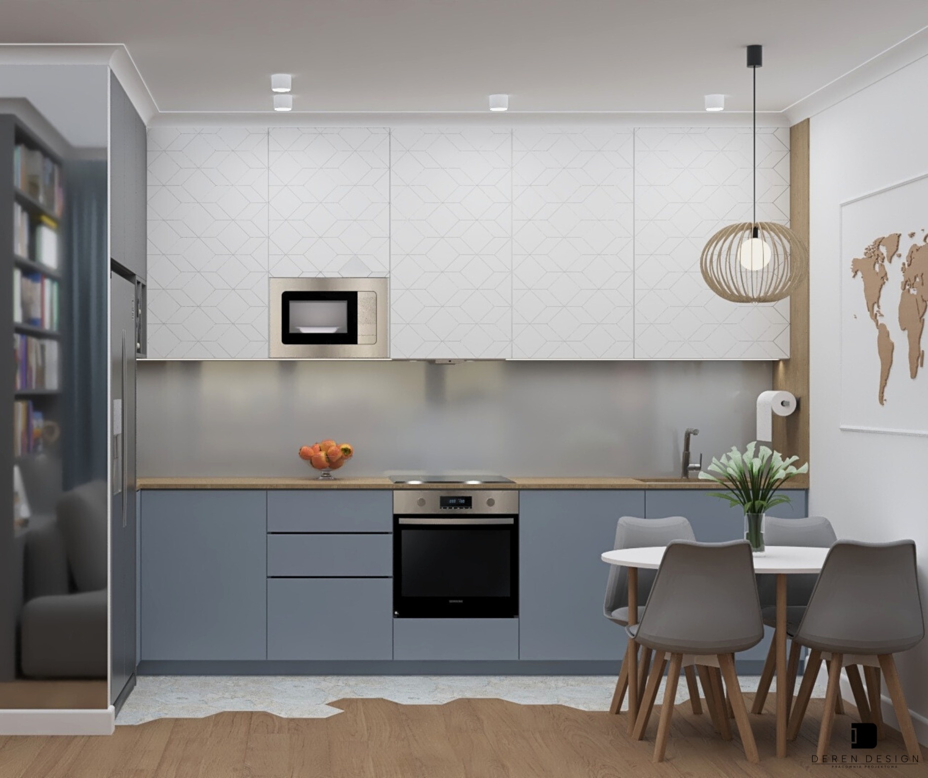 Nowoczesna kuchnia z szarymi szafkami, białymi górnymi szafkami z geometrycznym wzorem, okrągłym stołem i szarymi krzesłami. Lampa wisząca i mapa świata na ścianie.