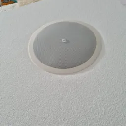 Wpuszczony w sufit głośnik z metalową siatką ochronną, widoczny na tle białej, chropowatej powierzchni sufitu, z fragmentem drewnianej płyty w tle.