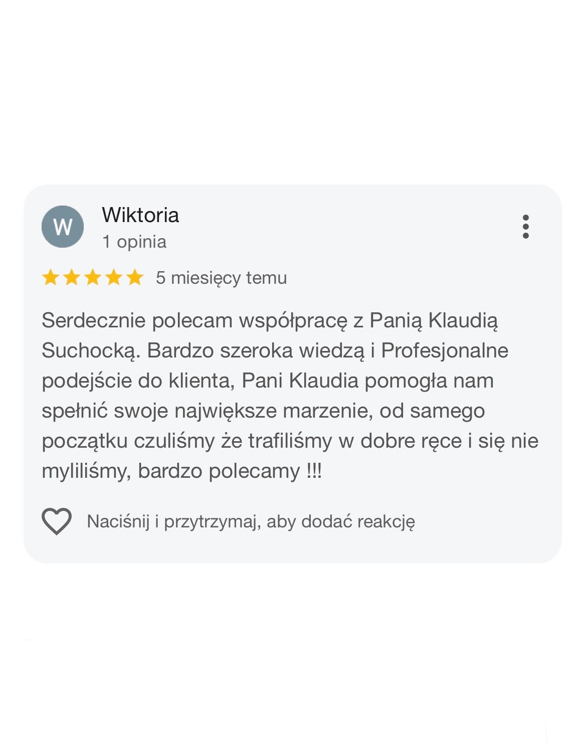 Pozytywna opinia klientki Wiktorii o współpracy z Panią Klaudią, podkreślająca profesjonalizm i pomoc w spełnieniu marzeń. Ocena 5 gwiazdek.