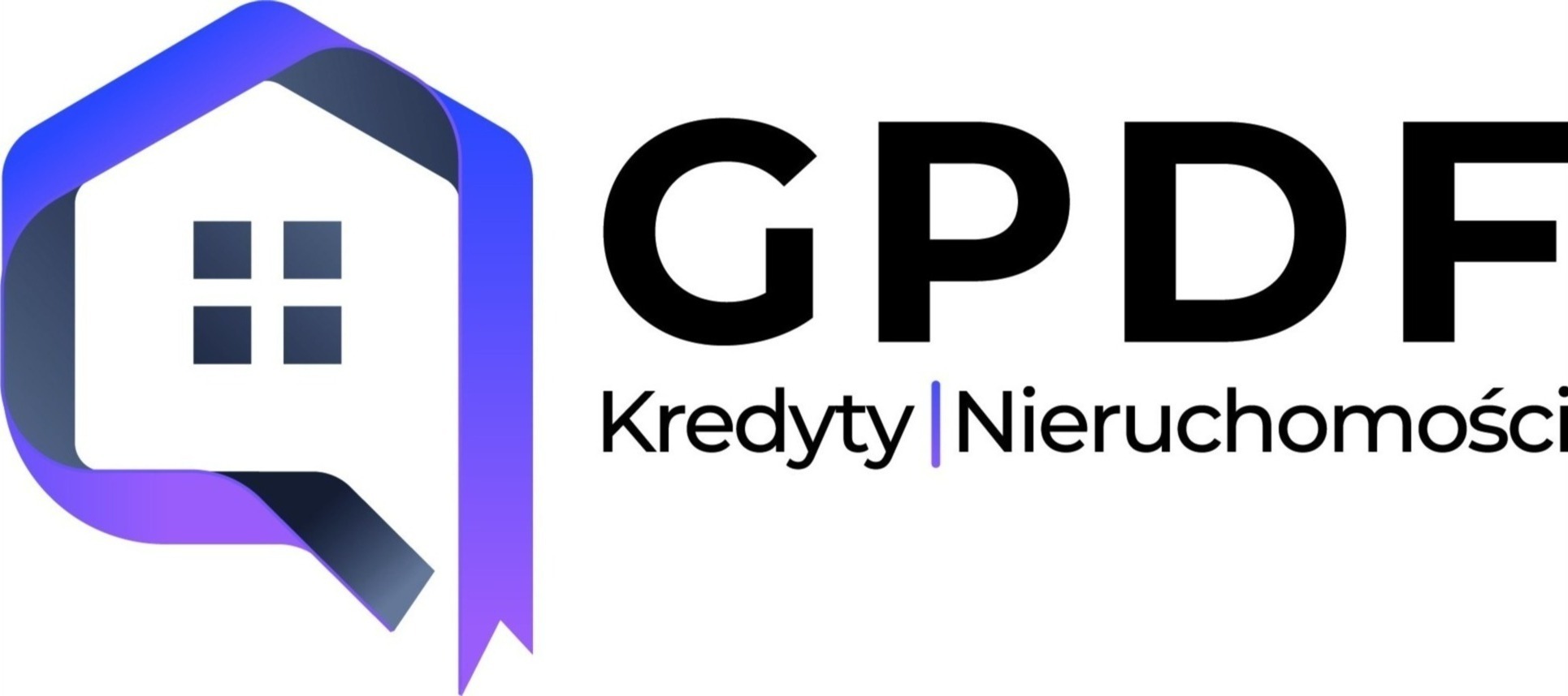 Logo firmy GPDF z motywem domu w kolorze fioletowym i napisem 'Kredyty | Nieruchomości'.
