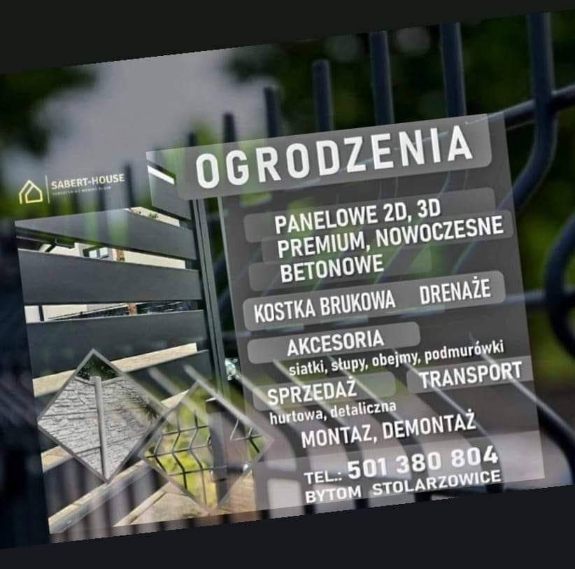 Tablica reklamowa firmy oferującej sprzedaż i montaż ogrodzeń panelowych, betonowych, siatek, akcesoriów, kostki brukowej, drenażu, z podanym numerem telefonu i adresem w Bytomiu.