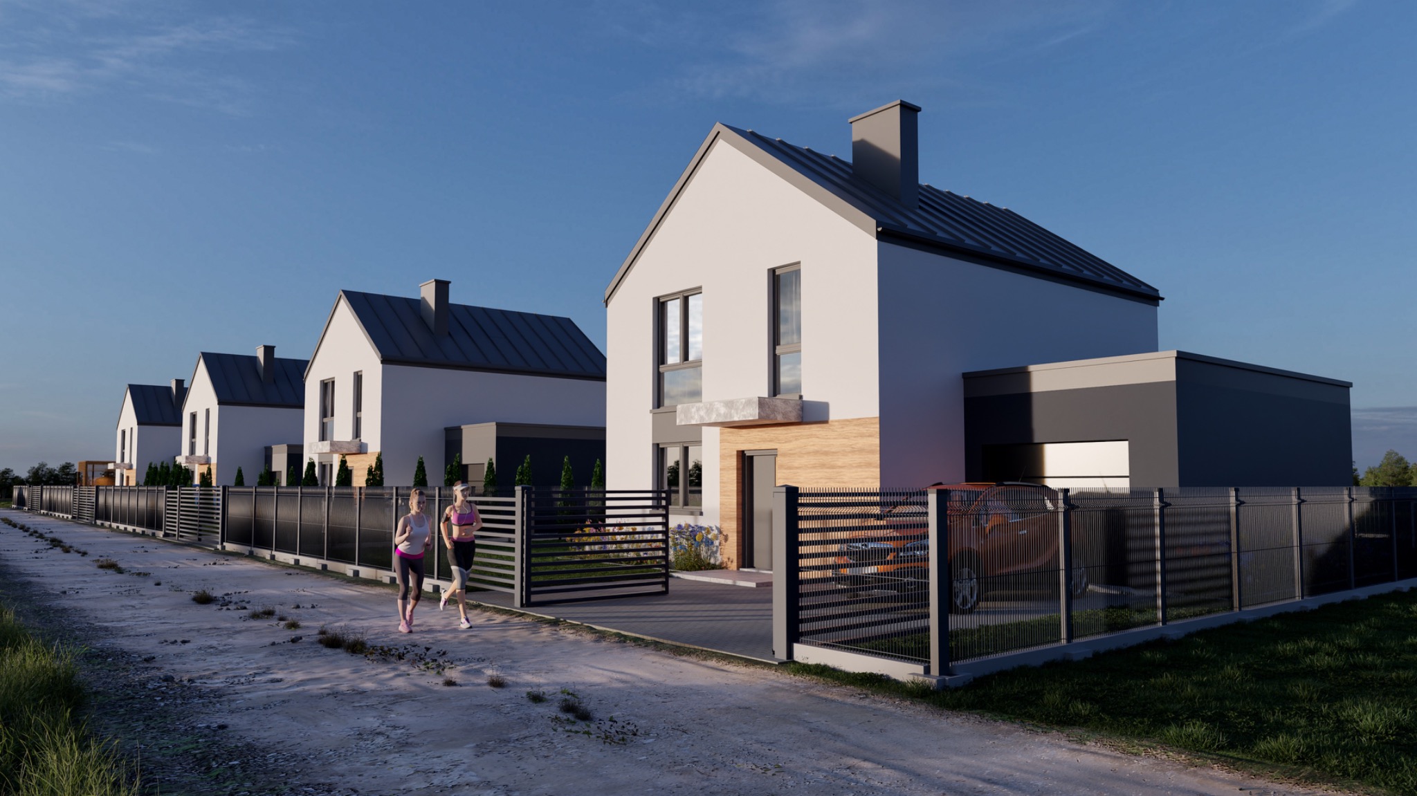 Rząd nowoczesnych domów jednorodzinnych z szarymi dachami i czarnymi ogrodzeniami, dwie kobiety biegają wzdłuż ulicy.