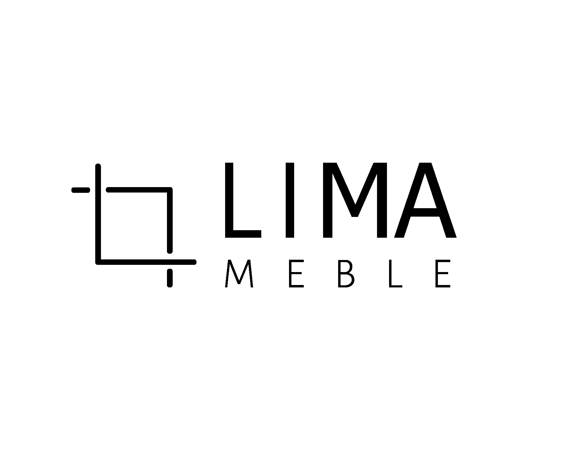 Logo firmy meblarskiej LIMA MEBLE z minimalistycznym symbolem graficznym przypominającym narożnik i literami w kolorze czarnym na białym tle.