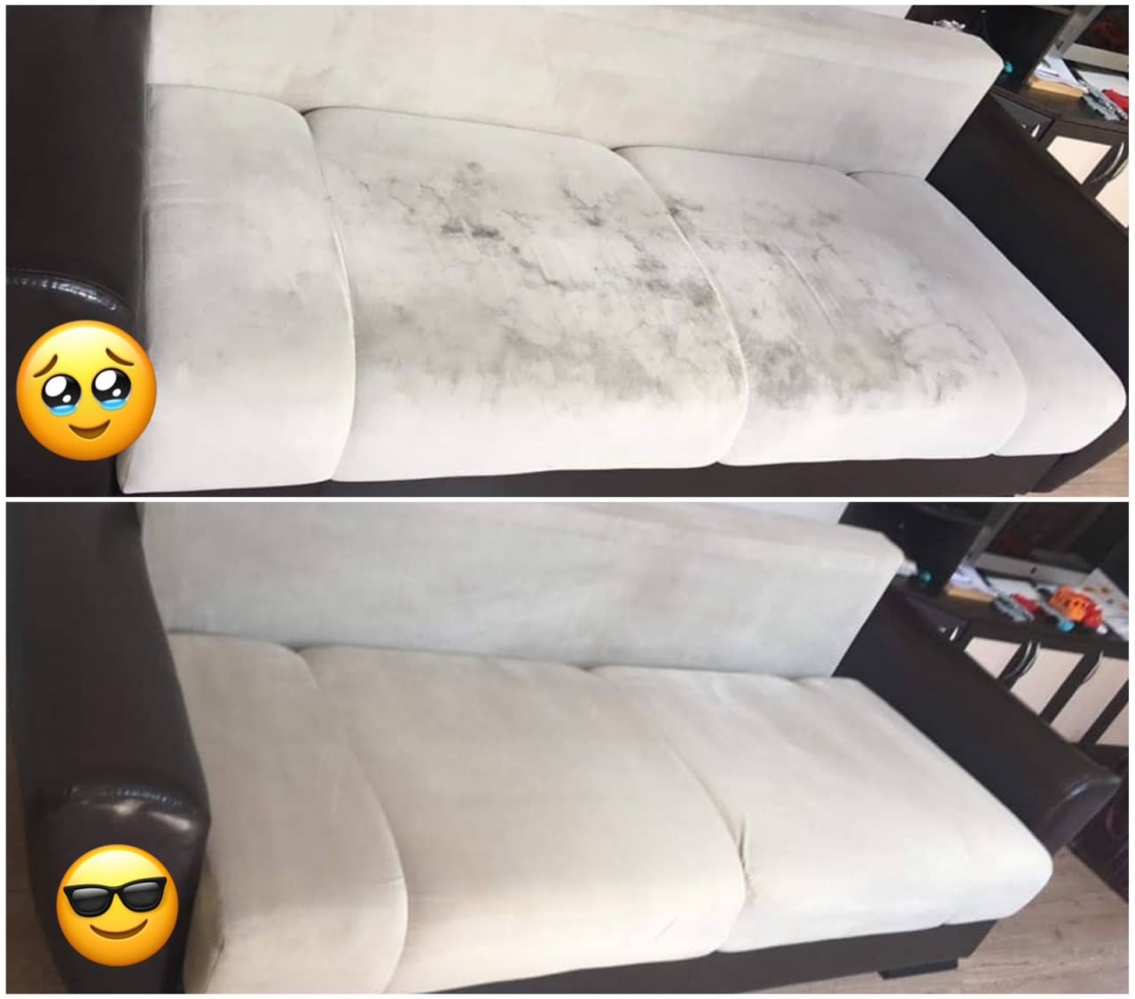 Zdjęcie przedstawia sofę z jasną tapicerką, widoczne porównanie: górna część pokazuje sofę przed czyszczeniem z wyraźnymi zabrudzeniami, dolna część prezentuje sofę po czyszczeniu, odzyskaną biel.