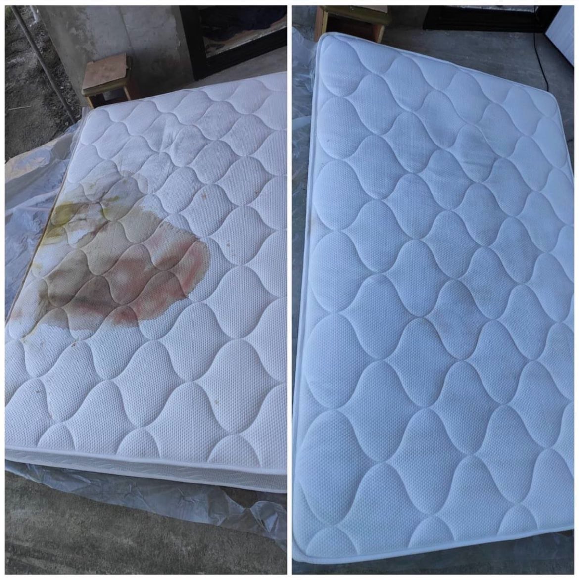 Porównanie: zabrudzony materac z plamami przed czyszczeniem i ten sam materac po czyszczeniu, bez widocznych zabrudzeń.