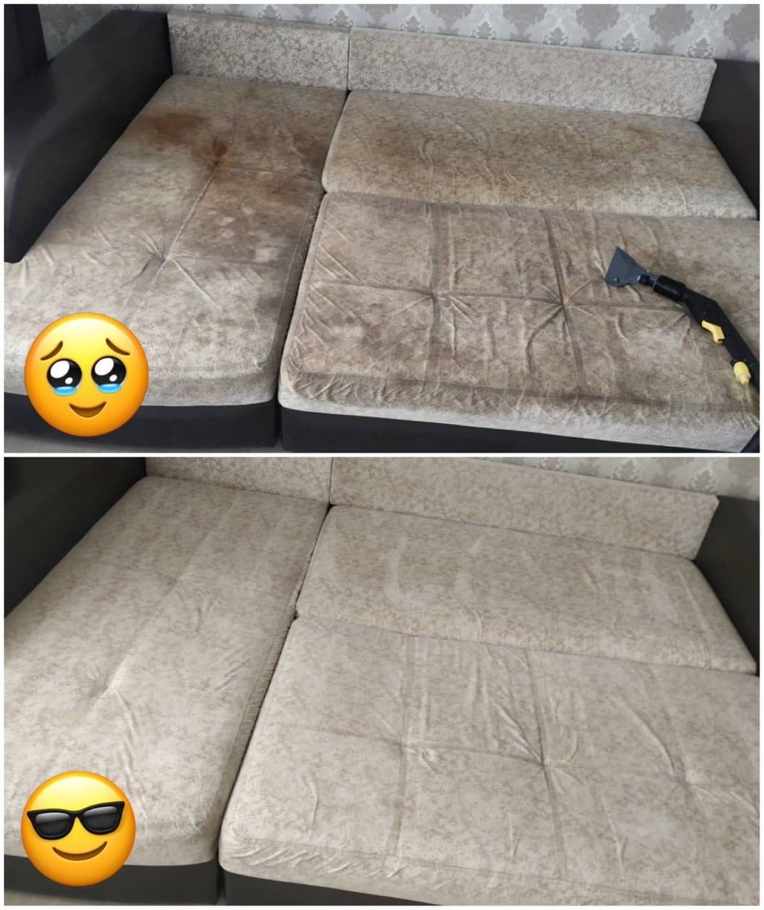 Dwuetapowe ujęcie sofy: widoczna wyraźna różnica w czystości tapicerki przed i po zabiegu, z użyciem dyszy czyszczącej. Na górnym zdjęciu widoczny silny brud i plamy, dolne zdjęcie ukazuje sofę po...