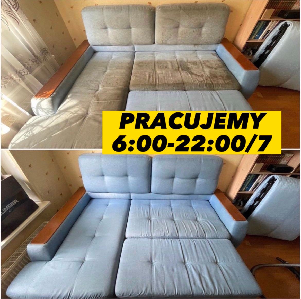 Dwuetapowe ujęcie szarej kanapy z drewnianymi podłokietnikami: górne zdjęcie pokazuje zabrudzoną kanapę przed czyszczeniem, dolne zdjęcie prezentuje ją po wyczyszczeniu, w tle widać ścianę i półki...