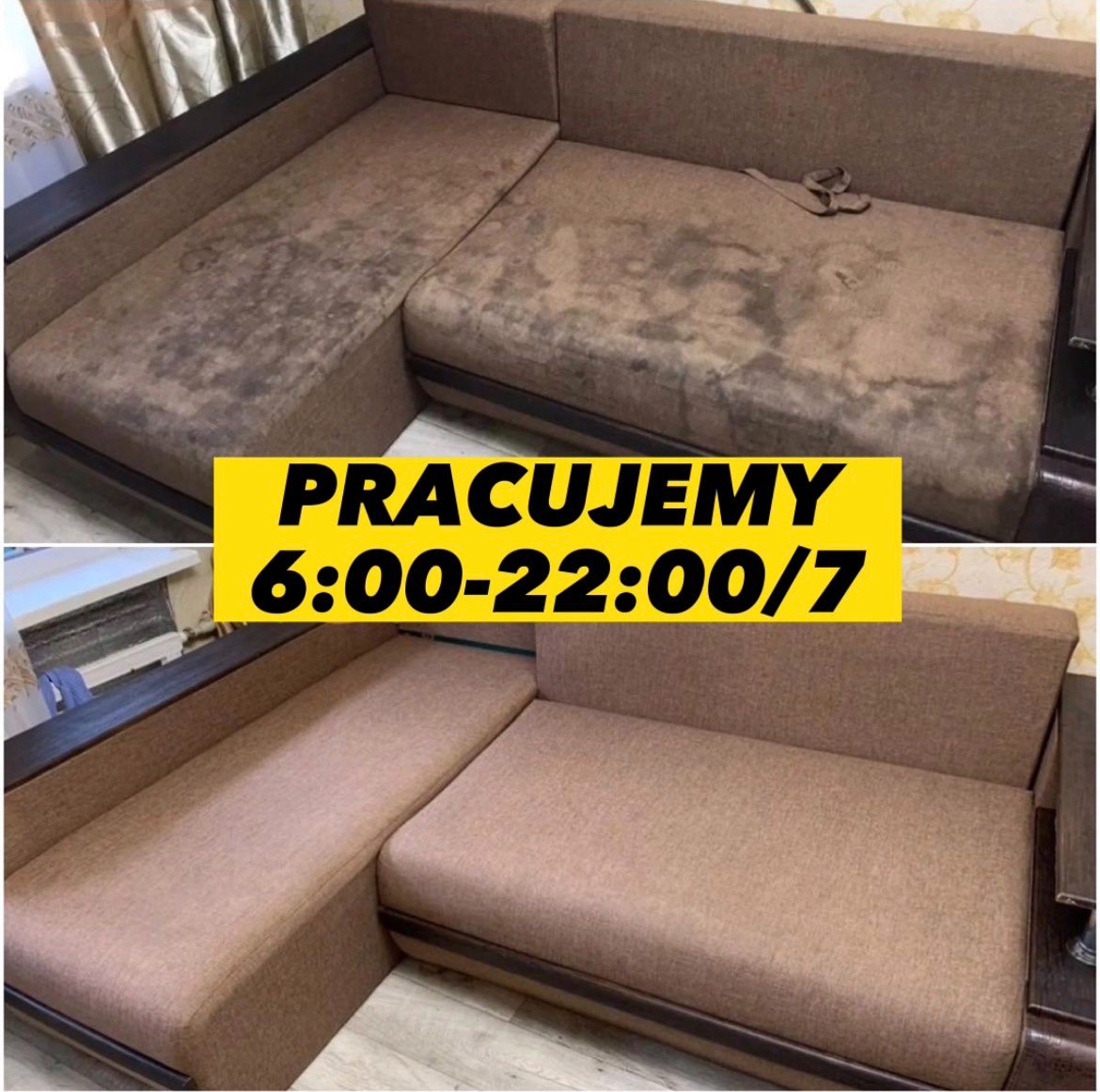 Zdjęcie przedstawia narożnik z brązową tapicerką w dwóch ujęciach: górne ukazuje narożnik przed czyszczeniem z widocznymi plamami i zabrudzeniami, a dolne prezentuje narożnik po czyszczeniu,...