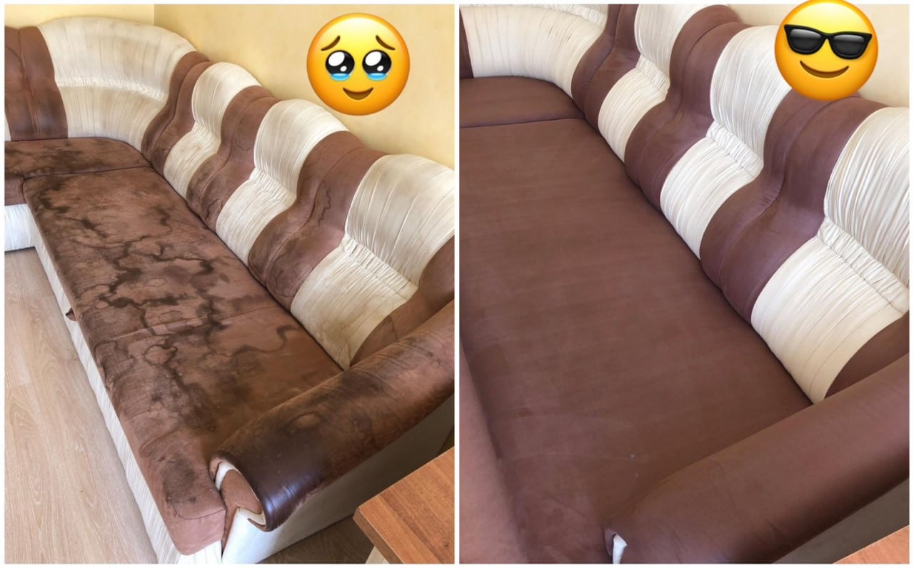 Porównanie: Zabrudzona, brązowa kanapa narożna z jasnymi pasami przed i po czyszczeniu. Widoczne plamy na tapicerce przed czyszczeniem.