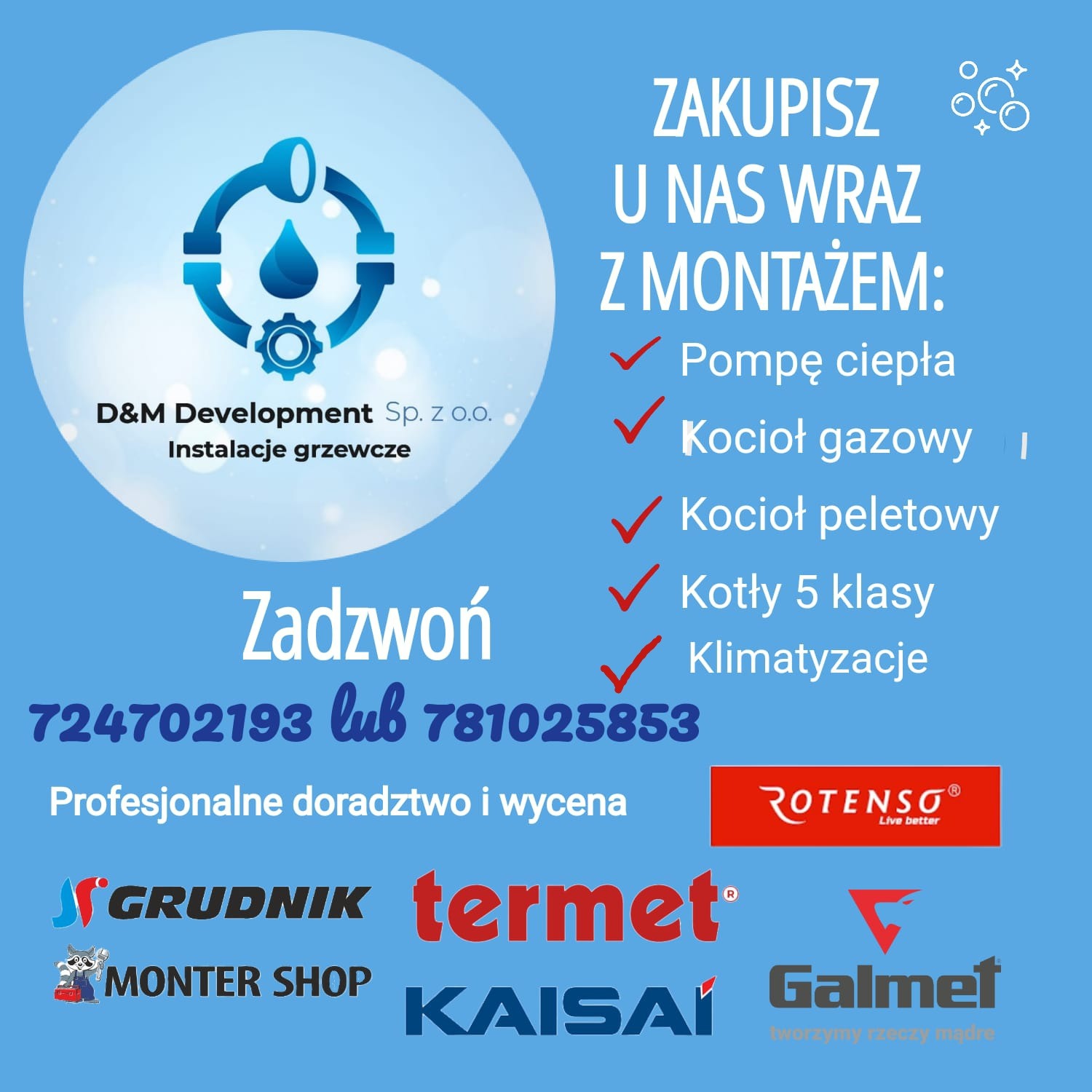 Grafika reklamowa firmy instalacyjnej z logo przedstawiającym kroplę wody w otoczeniu rur i zębatki, oferującej zakup i montaż pomp ciepła, kotłów gazowych i peletowych, kotłów 5 klasy...