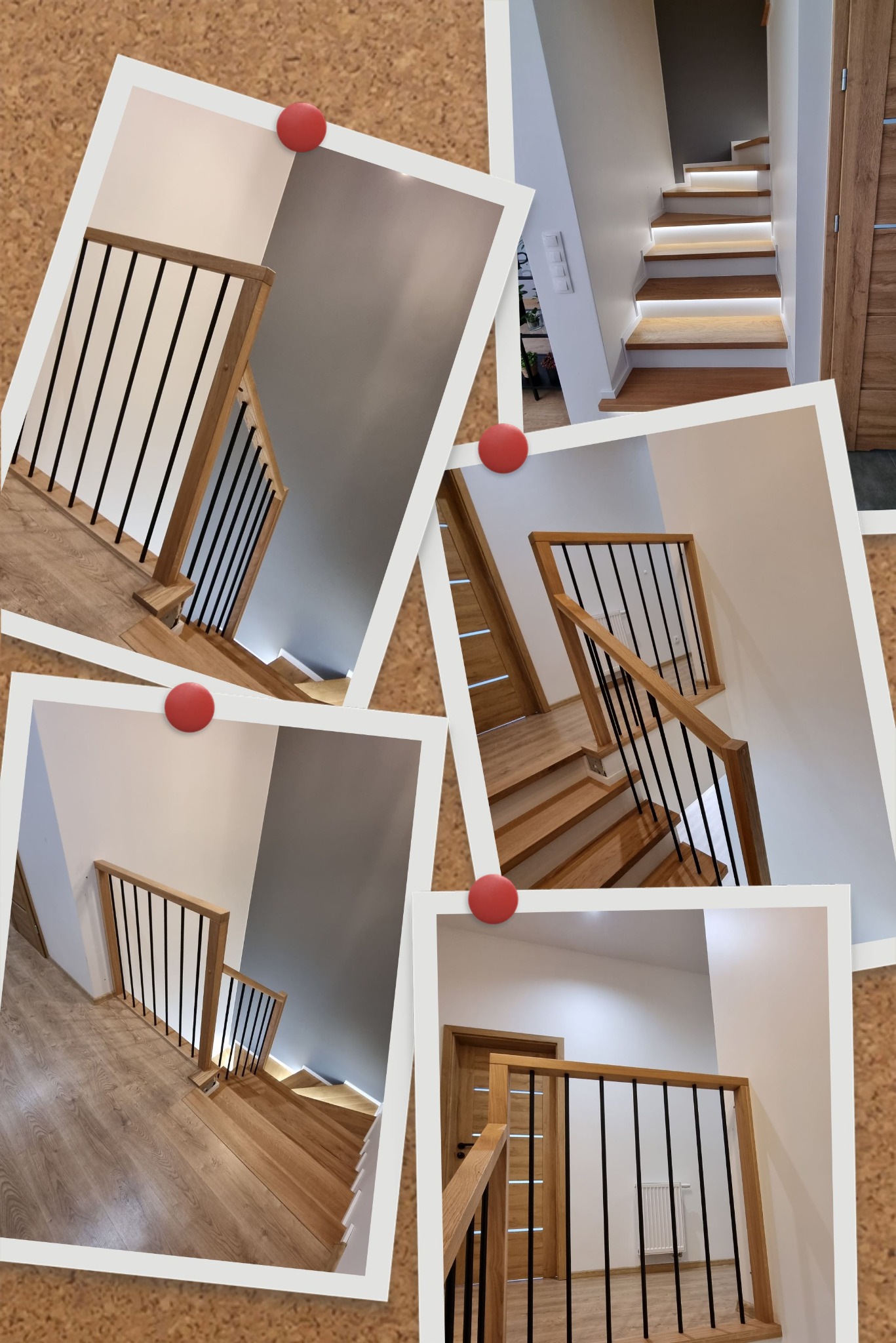 Kompozycja kilku zdjęć na korkowej tablicy przedstawiająca drewniane schody z czarnymi, metalowymi słupkami balustrady i oświetleniem LED, zrealizowane w Bielsku-Białej.