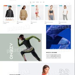 Rafał - Układ strony sklepu internetowego z odzieżą sportową, widoczne kategorie produktów, modele prezentujące ubrania, branding i elementy graficzne, Warszawa.
