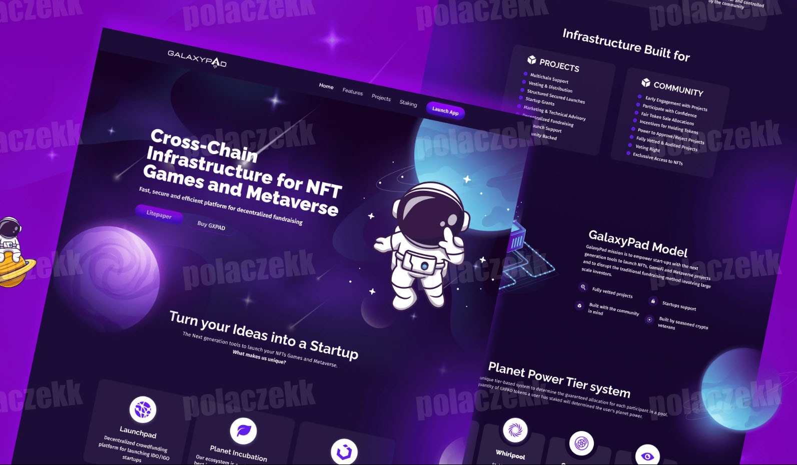 Projekt strony internetowej GalaxyPad dla infrastruktury cross-chain dla NFT Games i Metaverse, z ilustracją astronauty i elementami graficznymi związanymi z kosmosem.