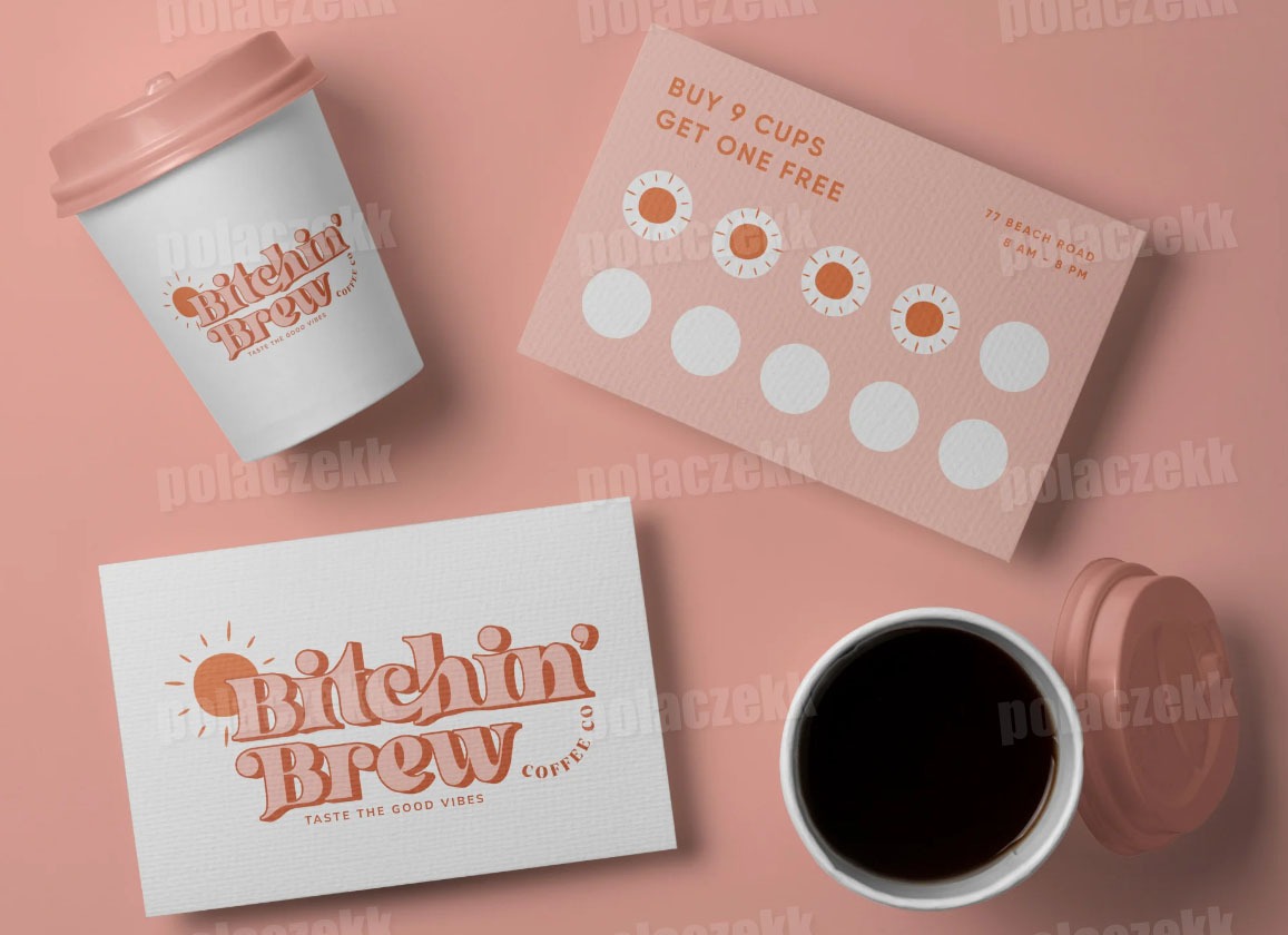 Flat lay of coffee cup, promotional card, business card, and to-go cup with a retro-style coffee shop logo 'Bitchin' Brew' on a pastel pink background.
