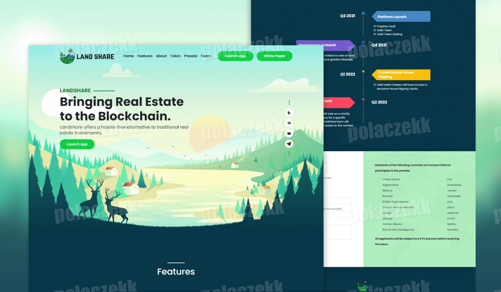 Animowana strona internetowa prezentująca platformę inwestycyjną w nieruchomości o nazwie Landshare, z grafiką krajobrazu, jeleniami i informacjami o blockchainie oraz listą krajów, których...