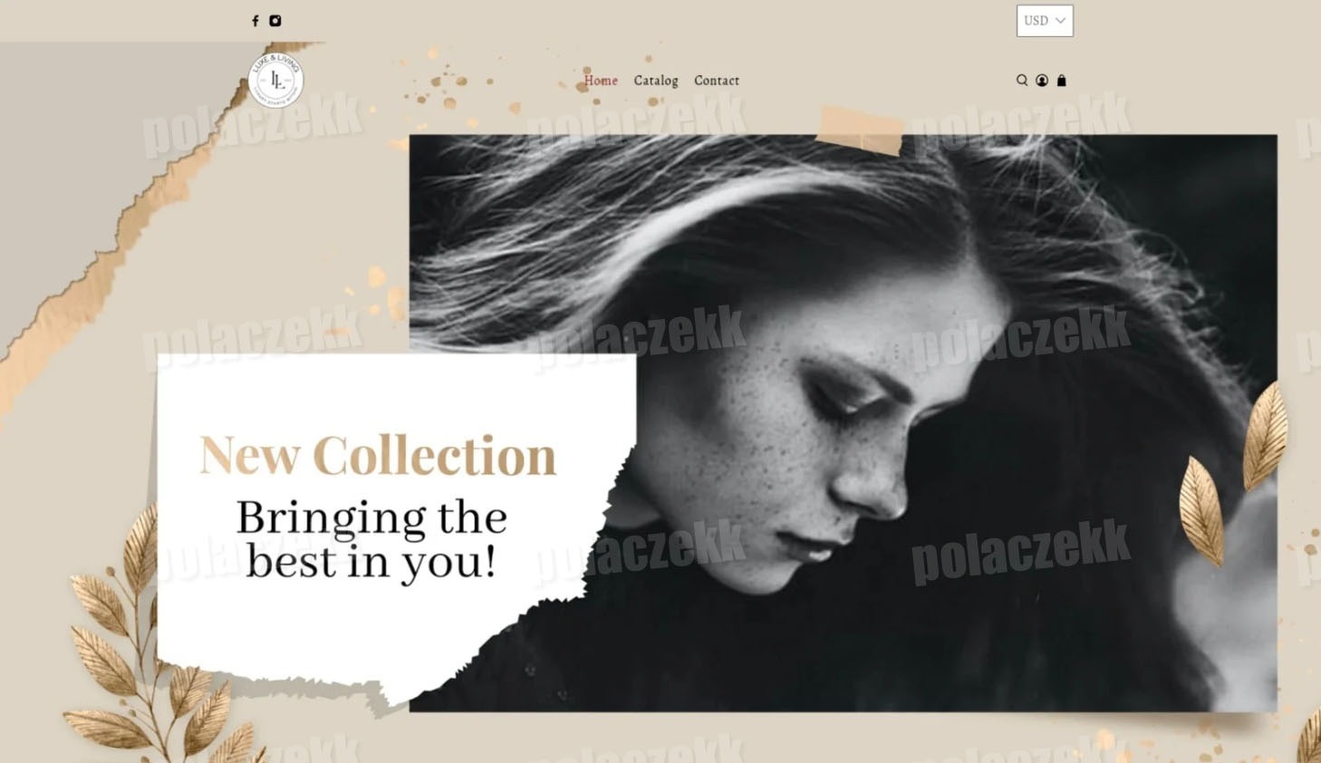 Strona internetowa z czarno-białym zdjęciem kobiety z profilu i napisem 'New Collection Bringing the best in you!'