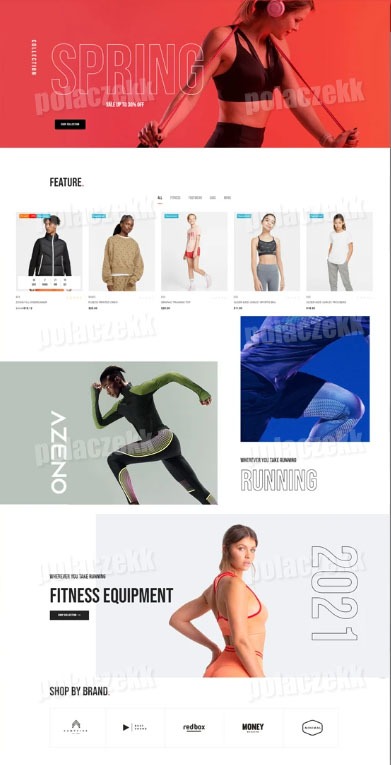 Układ strony sklepu internetowego z odzieżą sportową, widoczne kategorie produktów, modele prezentujące ubrania, branding i elementy graficzne, Warszawa.