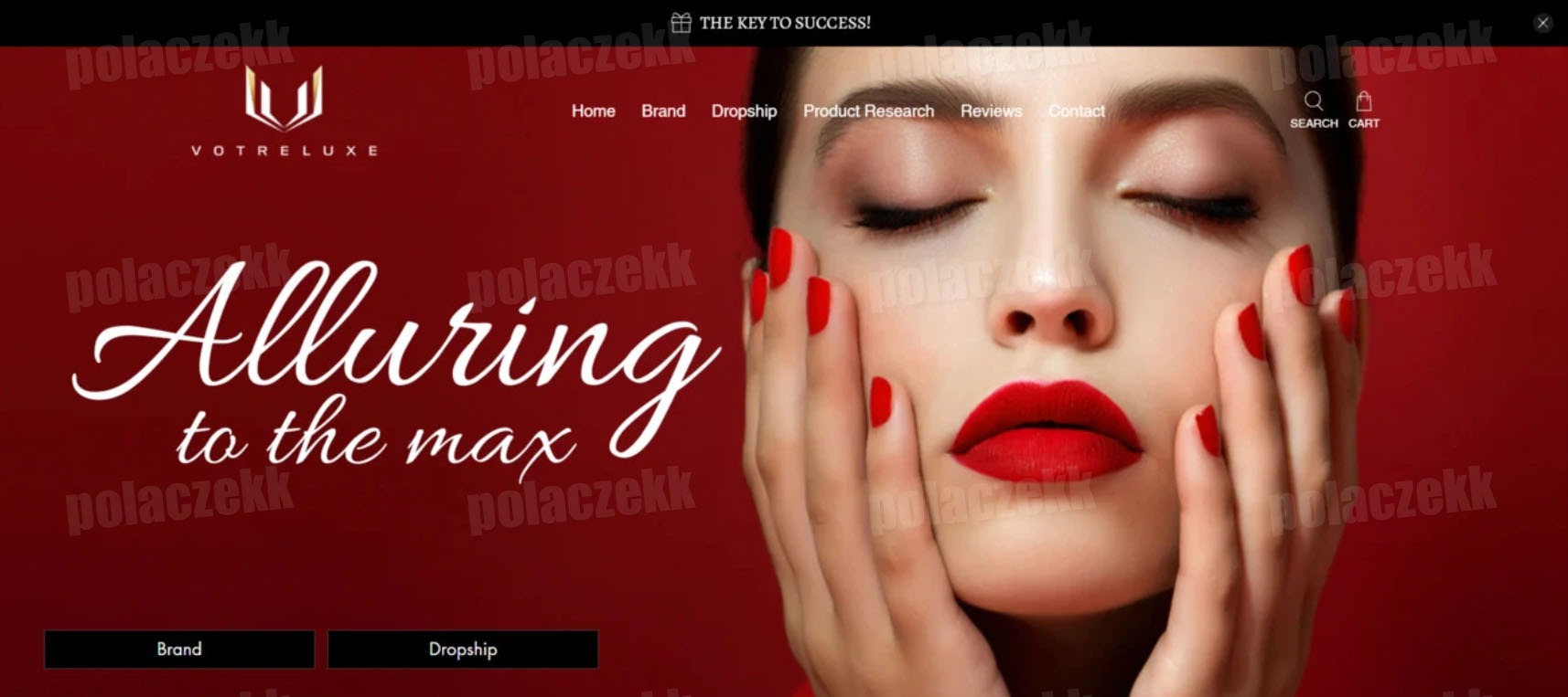 Strona internetowa marki kosmetycznej Votre Luxe, z motywem przewodnim w odcieniach czerwieni, prezentująca kobiecą twarz z idealnym makijażem i czerwonymi paznokciami.