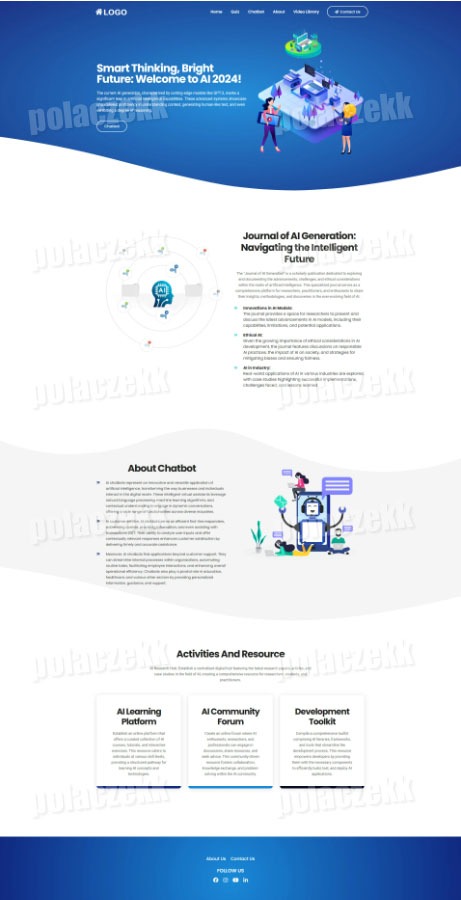 Ilustracja strony internetowej o tematyce sztucznej inteligencji, z grafikami przedstawiającymi interakcje ludzi z technologią i sekcjami poświęconymi chatbotom, platformom edukacyjnym i zasobom.